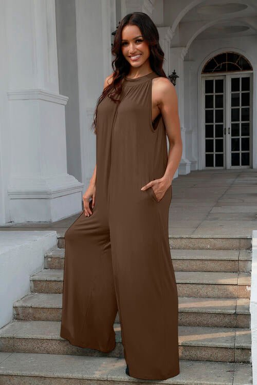 Double Take Full Size Tie Back Cutout Sleeveless Jumpsuit - Mighty Lifestyle
