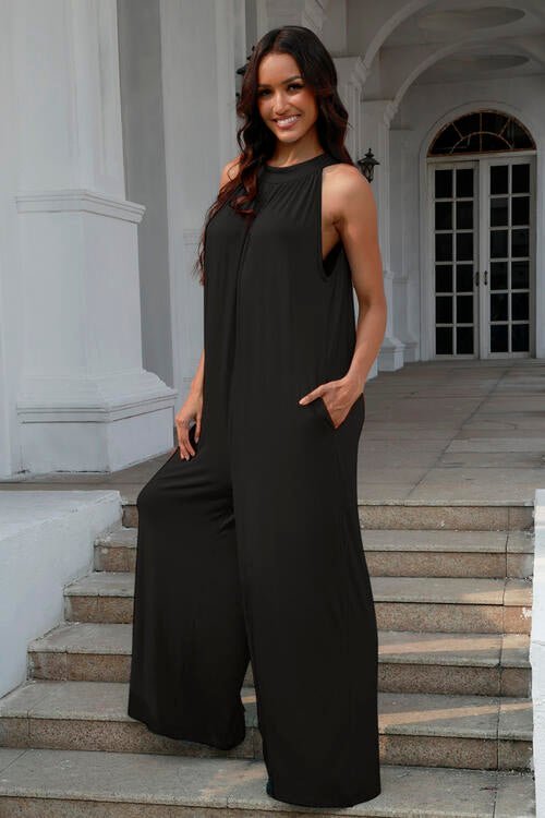 Double Take Full Size Tie Back Cutout Sleeveless Jumpsuit - Mighty Lifestyle