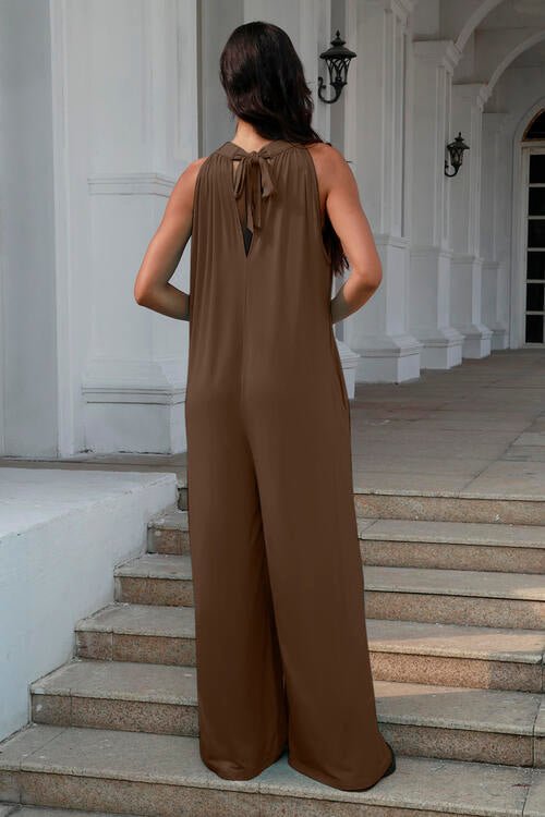 Double Take Full Size Tie Back Cutout Sleeveless Jumpsuit - Mighty Lifestyle