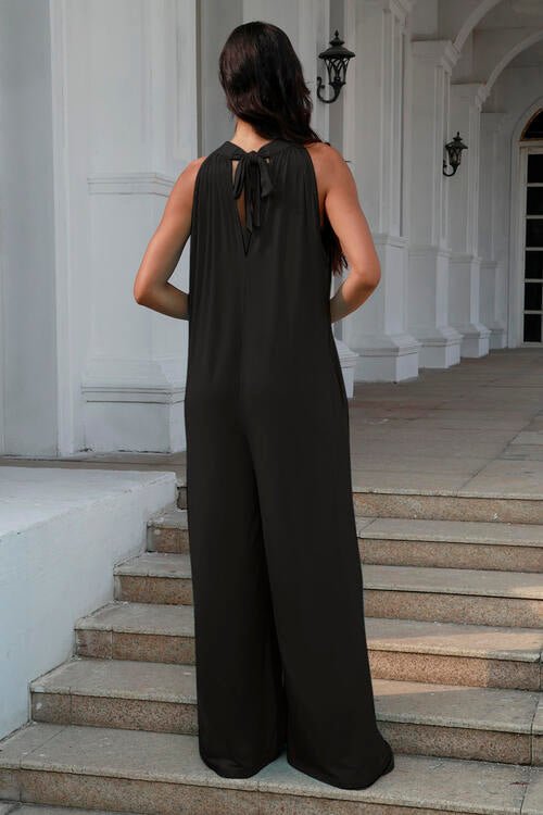 Double Take Full Size Tie Back Cutout Sleeveless Jumpsuit - Mighty Lifestyle