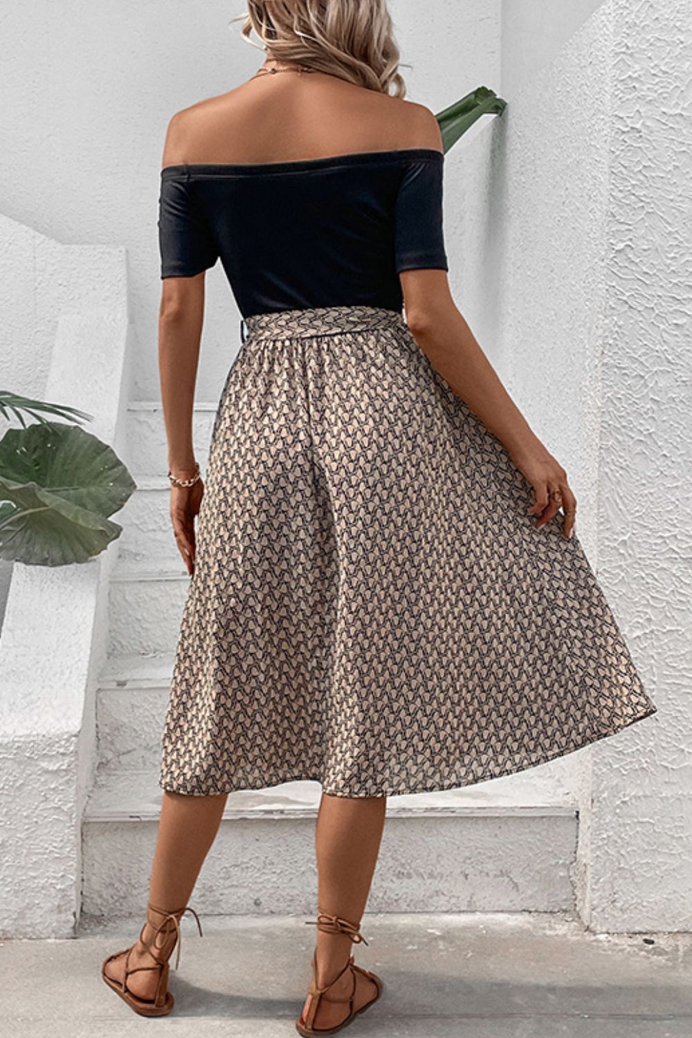 Dove Neutral Minimalist Printed Tie Belt Off - Shoulder Dress - Mighty Lifestyle