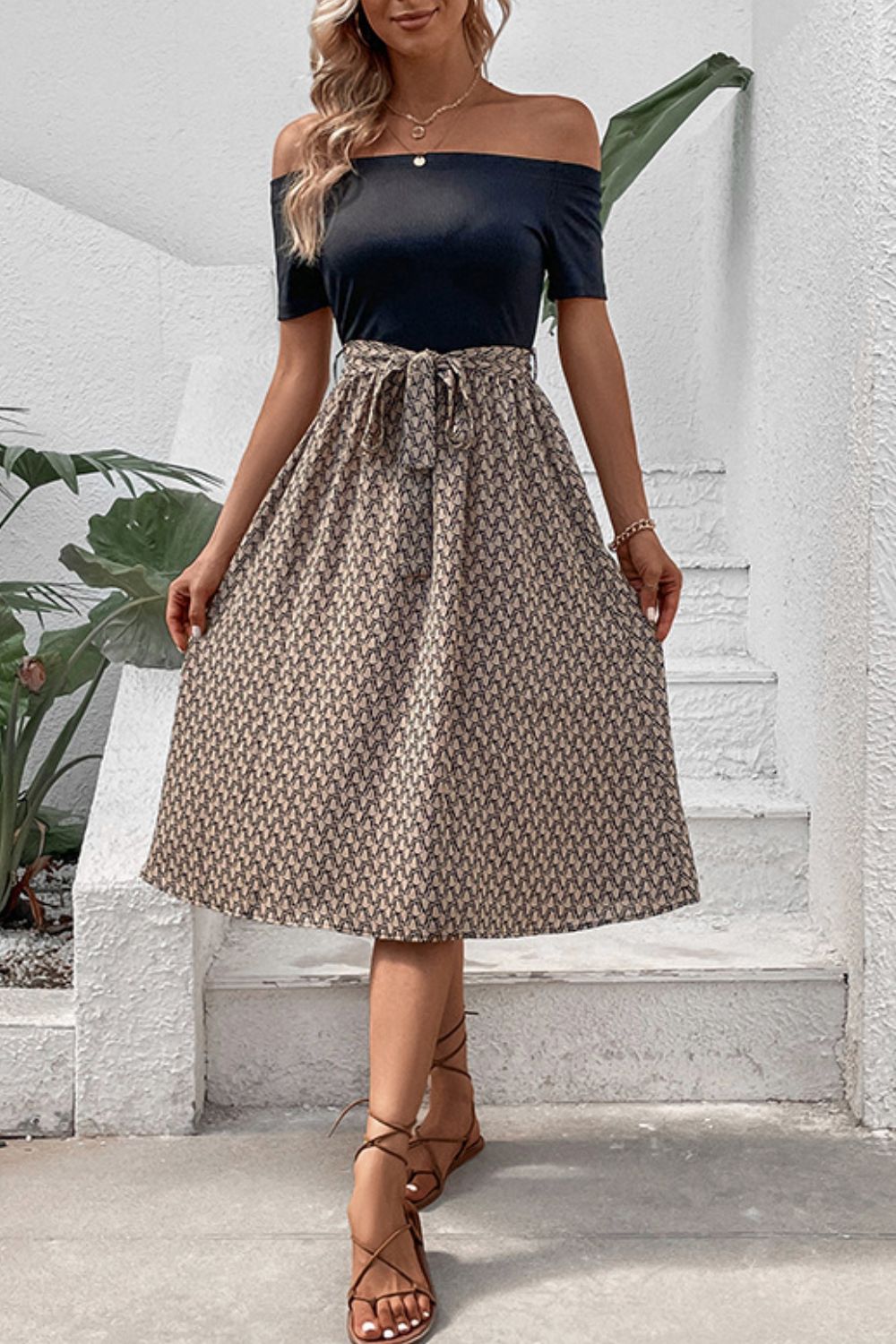 Dove Neutral Minimalist Printed Tie Belt Off - Shoulder Dress - Mighty Lifestyle