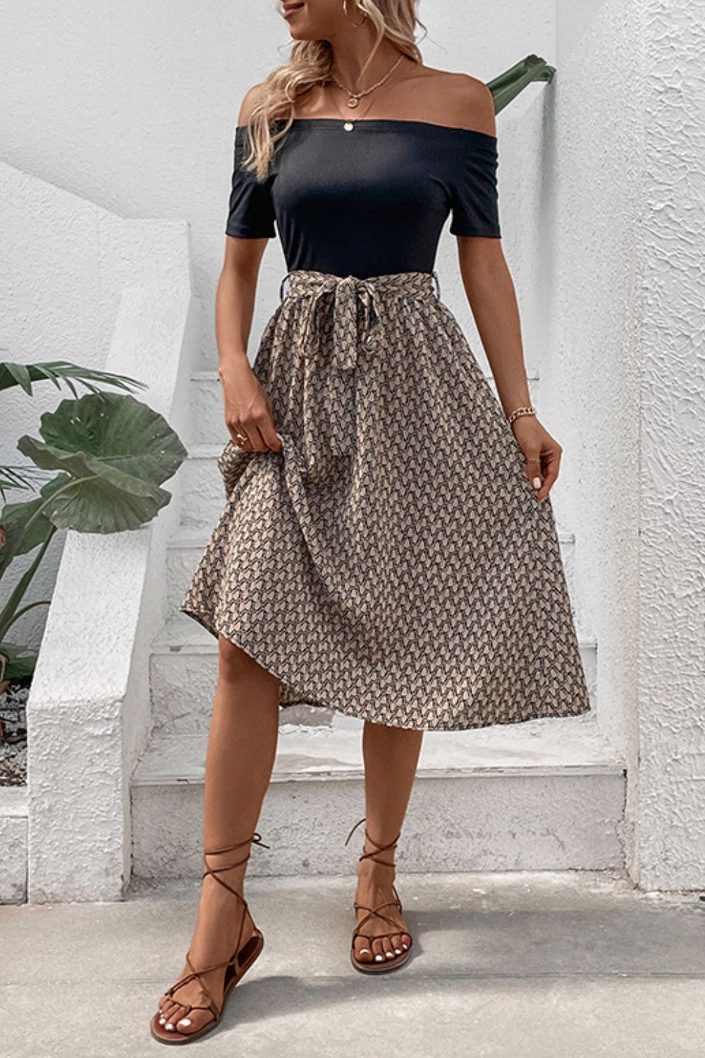 Dove Neutral Minimalist Printed Tie Belt Off - Shoulder Dress - Mighty Lifestyle