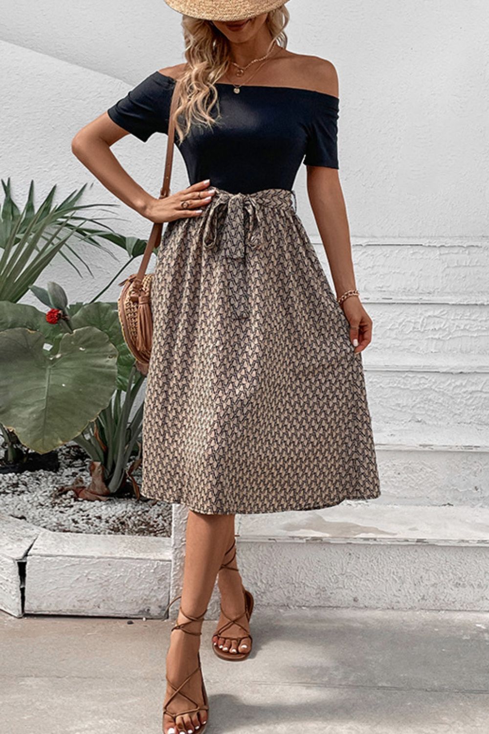 Dove Neutral Minimalist Printed Tie Belt Off - Shoulder Dress - Mighty Lifestyle