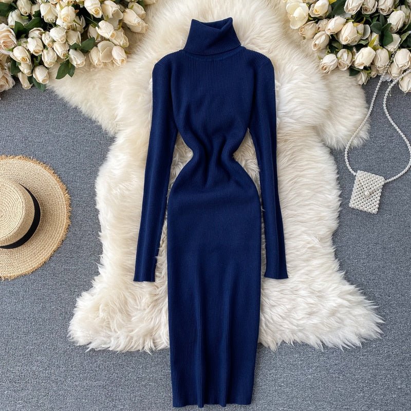 Ellarie Bella Dress, Sexy Turtleneck Knitted Bodycon Dress, Women’s Autumn Winter Sweater Dress, Long Sleeve Turtleneck Bodycon Dress, Trendy Knitted Bodycon Dress, Stylish Winter Turtleneck Dress - Mighty Lifestyle