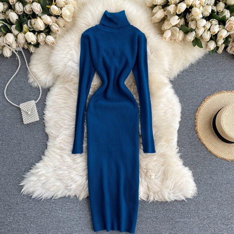 Ellarie Bella Dress, Sexy Turtleneck Knitted Bodycon Dress, Women’s Autumn Winter Sweater Dress, Long Sleeve Turtleneck Bodycon Dress, Trendy Knitted Bodycon Dress, Stylish Winter Turtleneck Dress - Mighty Lifestyle