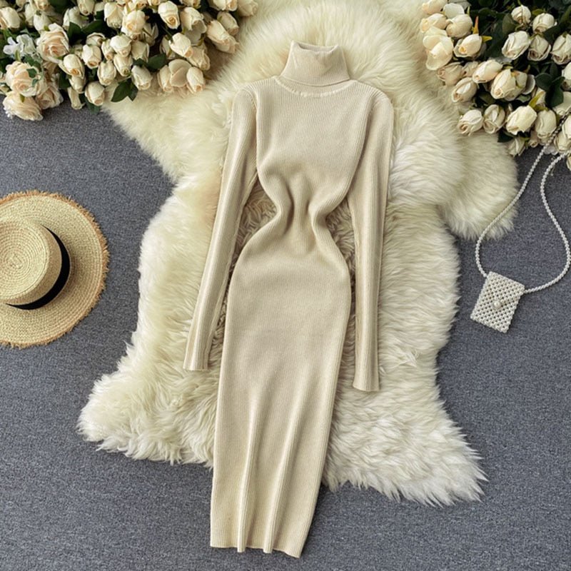 Ellarie Bella Dress, Sexy Turtleneck Knitted Bodycon Dress, Women’s Autumn Winter Sweater Dress, Long Sleeve Turtleneck Bodycon Dress, Trendy Knitted Bodycon Dress, Stylish Winter Turtleneck Dress - Mighty Lifestyle