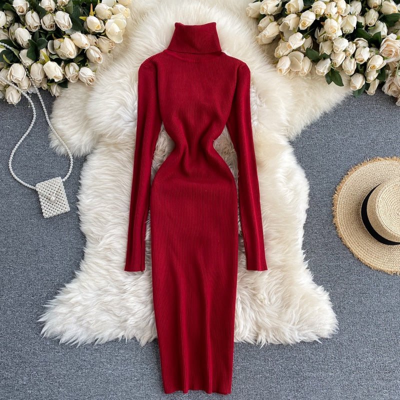 Ellarie Bella Dress, Sexy Turtleneck Knitted Bodycon Dress, Women’s Autumn Winter Sweater Dress, Long Sleeve Turtleneck Bodycon Dress, Trendy Knitted Bodycon Dress, Stylish Winter Turtleneck Dress - Mighty Lifestyle