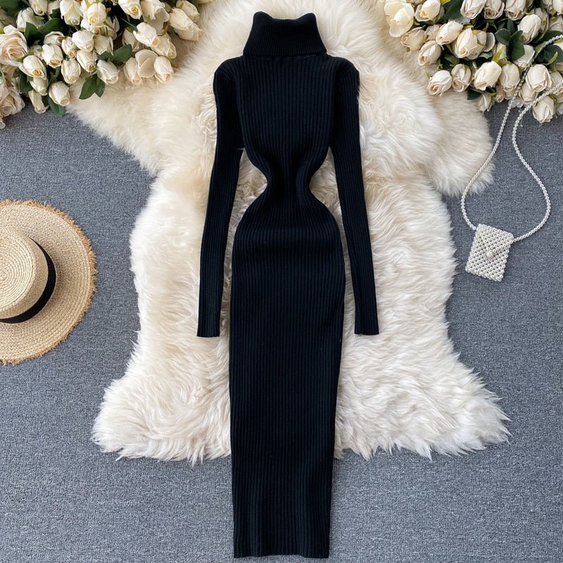 Ellarie Bella Dress, Sexy Turtleneck Knitted Bodycon Dress, Women’s Autumn Winter Sweater Dress, Long Sleeve Turtleneck Bodycon Dress, Trendy Knitted Bodycon Dress, Stylish Winter Turtleneck Dress - Mighty Lifestyle