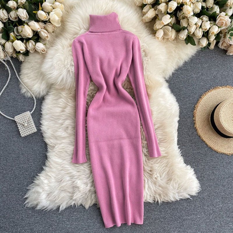 Ellarie Bella Dress, Sexy Turtleneck Knitted Bodycon Dress, Women’s Autumn Winter Sweater Dress, Long Sleeve Turtleneck Bodycon Dress, Trendy Knitted Bodycon Dress, Stylish Winter Turtleneck Dress - Mighty Lifestyle
