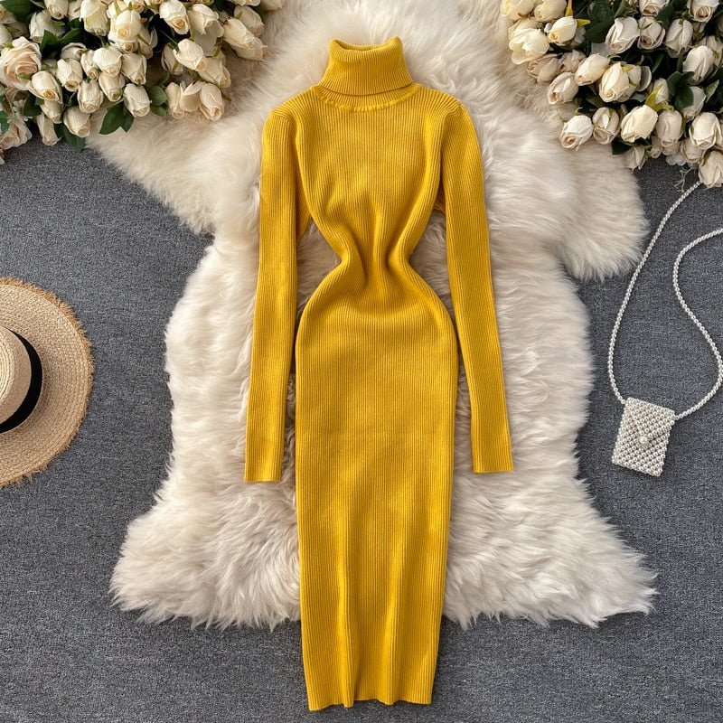 Ellarie Bella Dress, Sexy Turtleneck Knitted Bodycon Dress, Women’s Autumn Winter Sweater Dress, Long Sleeve Turtleneck Bodycon Dress, Trendy Knitted Bodycon Dress, Stylish Winter Turtleneck Dress - Mighty Lifestyle