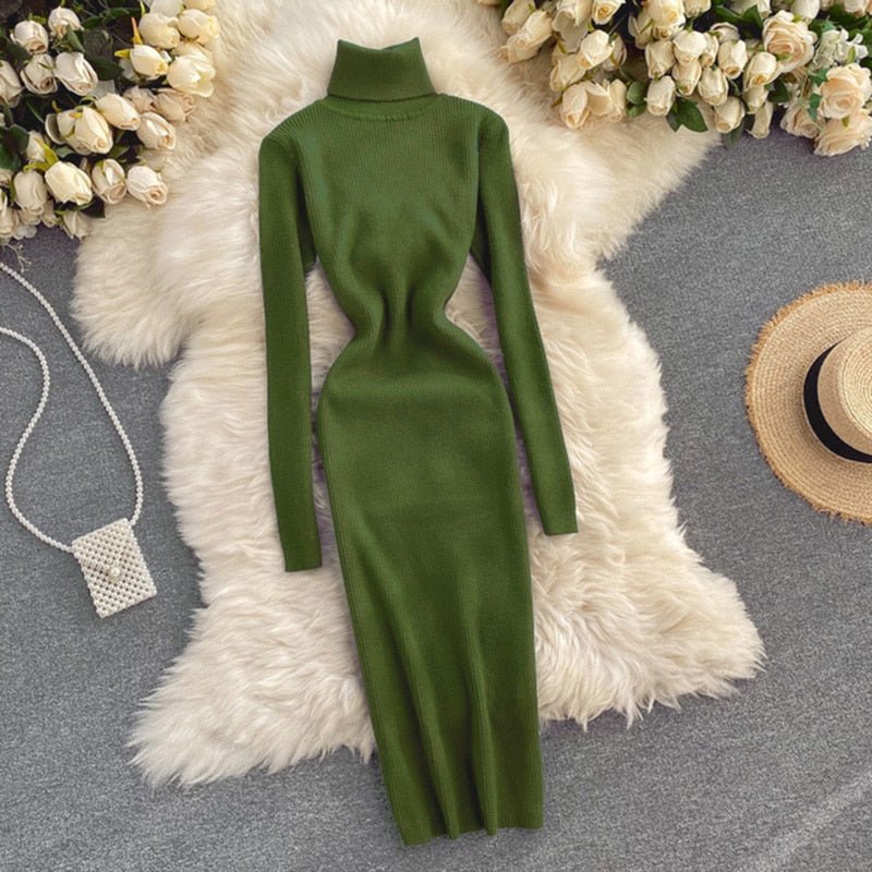 Ellarie Bella Dress, Sexy Turtleneck Knitted Bodycon Dress, Women’s Autumn Winter Sweater Dress, Long Sleeve Turtleneck Bodycon Dress, Trendy Knitted Bodycon Dress, Stylish Winter Turtleneck Dress - Mighty Lifestyle