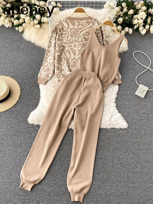 Esther Set | Trendy and Bougie Set, Women Tracksuits Chic 3 Piece Set Costume Knitted Leopard Lounge Suit Cardigan Sweater + Jogger Pants+ Sleeveless Tank Top - Mighty Lifestyle
