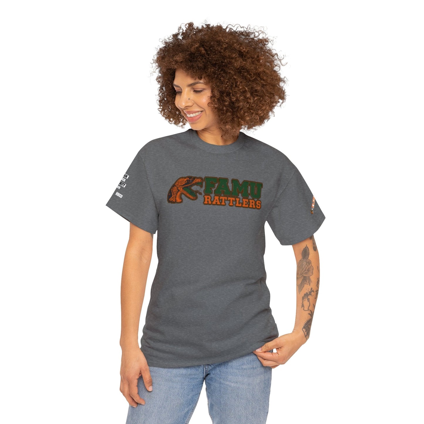 FAMU Rattler Tee with HBCU images on sleeves, FL A&M University Grad, Rattler Nation Tee, hbcu TShirt, Famuly Shirt, shirt for melanin hbcu - Mighty Lifestyle