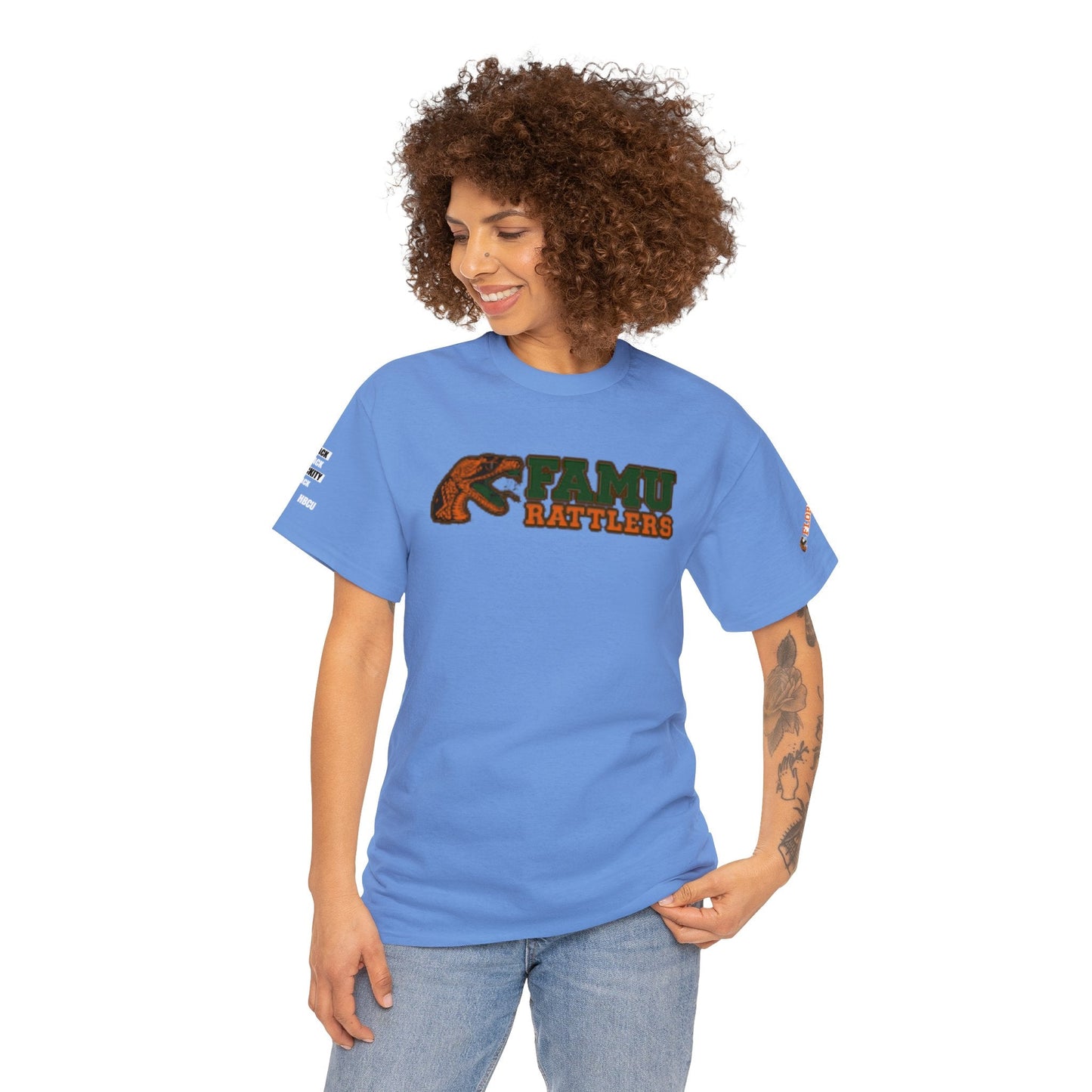 FAMU Rattler Tee with HBCU images on sleeves, FL A&M University Grad, Rattler Nation Tee, hbcu TShirt, Famuly Shirt, shirt for melanin hbcu - Mighty Lifestyle