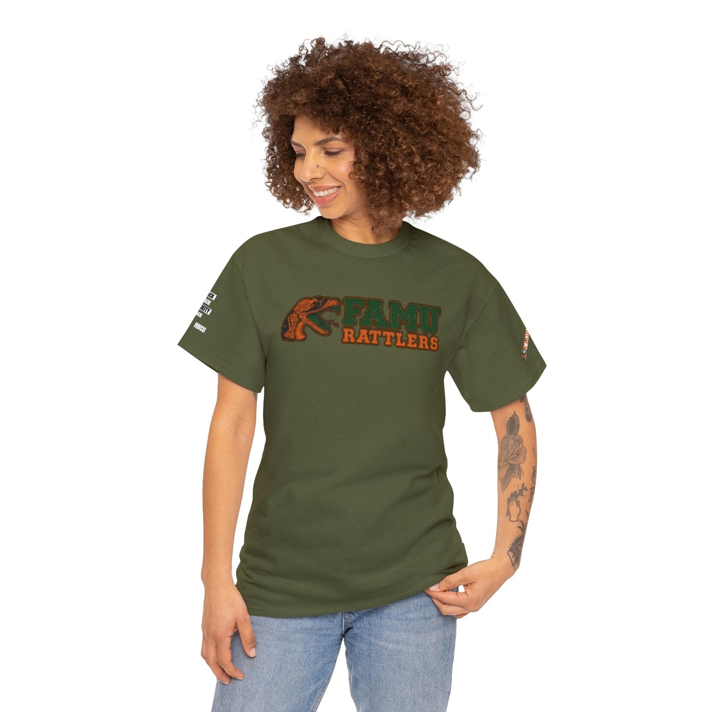 FAMU Rattler Tee with HBCU images on sleeves, FL A&M University Grad, Rattler Nation Tee, hbcu TShirt, Famuly Shirt, shirt for melanin hbcu - Mighty Lifestyle
