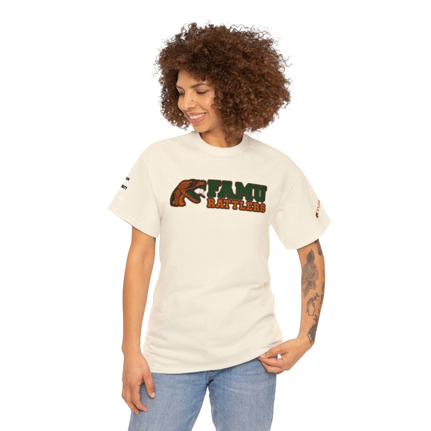 FAMU Rattler Tee with HBCU images on sleeves, FL A&M University Grad, Rattler Nation Tee, hbcu TShirt, Famuly Shirt, shirt for melanin hbcu - Mighty Lifestyle