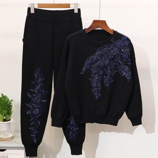 Fedora Chic Set Casual Women’s Set | Embroidered Sequin Sets For Women O Neck Long Sleeve Tops High Waist Pants Print Two Piece Set - Mighty Lifestyle