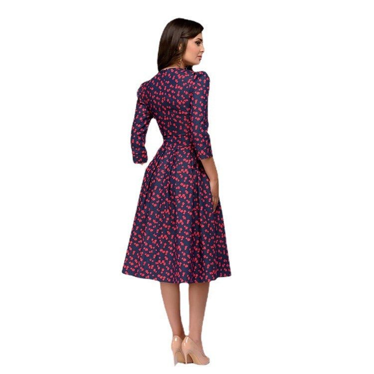 Flora’s Trendy Dress Floral | Retro Small Fragmented Flower 3/4 Sleeve Round Neck Dress - Mighty Lifestyle