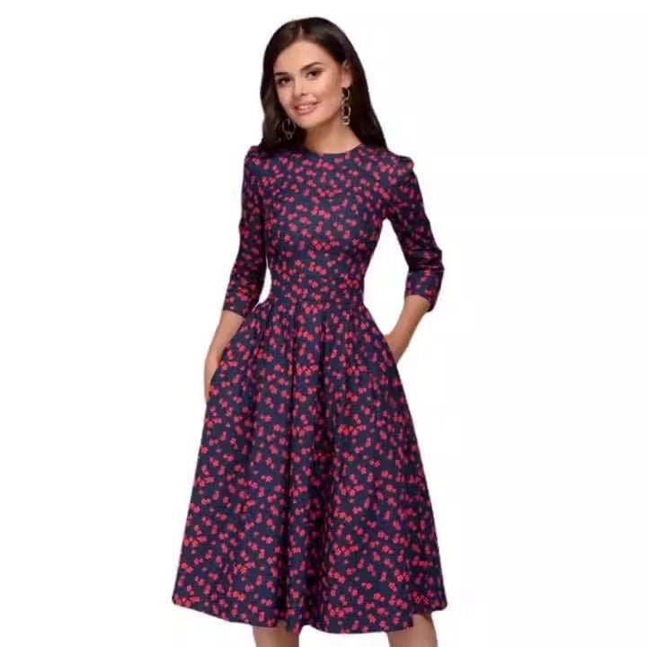Flora’s Trendy Dress Floral | Retro Small Fragmented Flower 3/4 Sleeve Round Neck Dress - Mighty Lifestyle