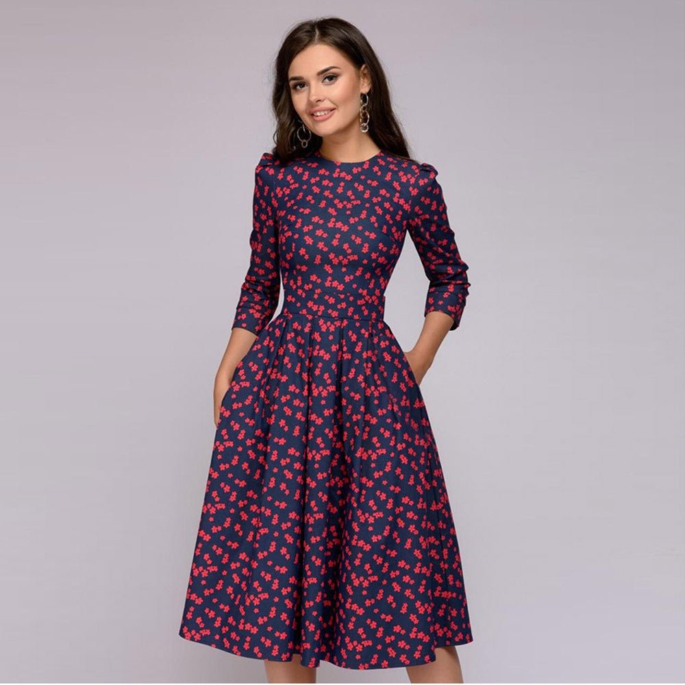 Flora’s Trendy Dress Floral | Retro Small Fragmented Flower 3/4 Sleeve Round Neck Dress - Mighty Lifestyle