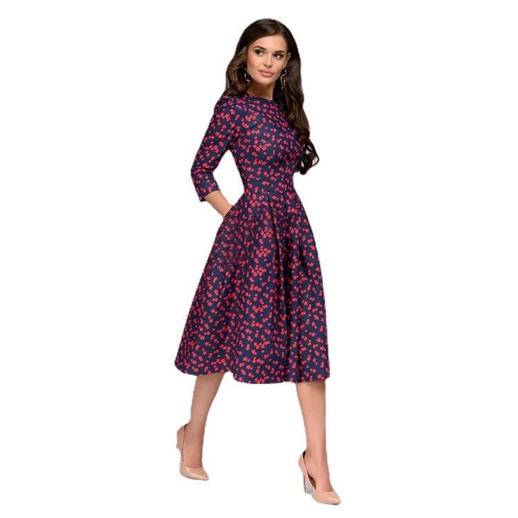 Flora’s Trendy Dress Floral | Retro Small Fragmented Flower 3/4 Sleeve Round Neck Dress - Mighty Lifestyle