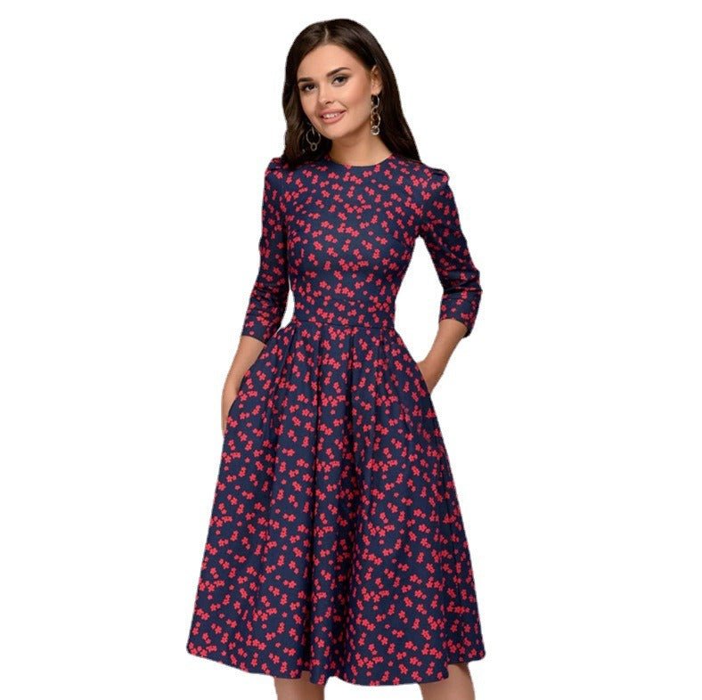 Flora’s Trendy Dress Floral | Retro Small Fragmented Flower 3/4 Sleeve Round Neck Dress - Mighty Lifestyle