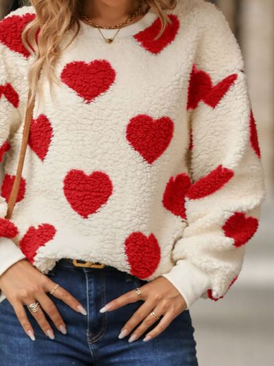 Fuzzy Heart Dropped Shoulder Sweatshirt - Mighty Lifestyle