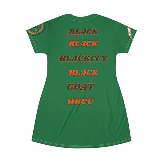 Green FAMU, HBCU Football, Black Excellence Dress, Comfortable Dress, Homecoming, Classic Football, T-Shirt Dress (AOP) - Mighty Lifestyle