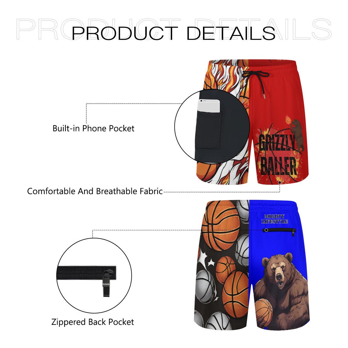 Grizzly Baller Adult Basketball Shorts, Grizzly Baller Shorts, Sports Shorts Grizzly Baller, Unisex Shorts Mighty Lifestyle Basketball Summer Shorts Sports Shorts - Mighty Lifestyle