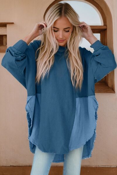Hailey Contrast Texture Round Neck Long Sleeve Blouse - Mighty Lifestyle