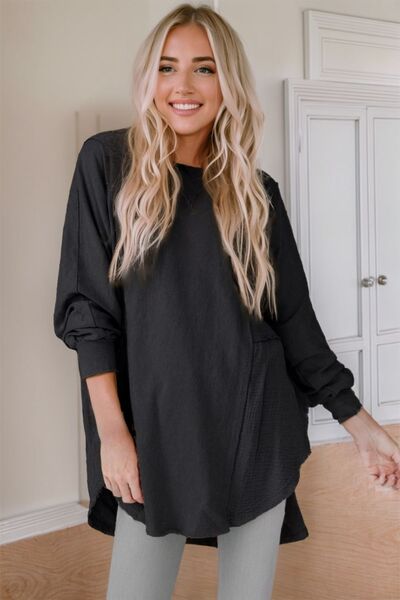 Hailey Contrast Texture Round Neck Long Sleeve Blouse - Mighty Lifestyle