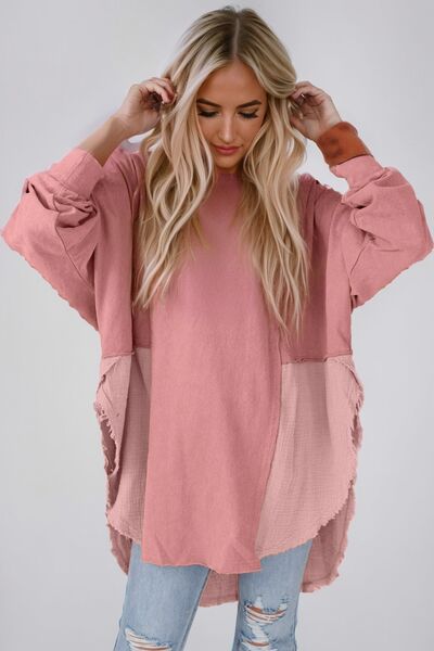Hailey Contrast Texture Round Neck Long Sleeve Blouse - Mighty Lifestyle
