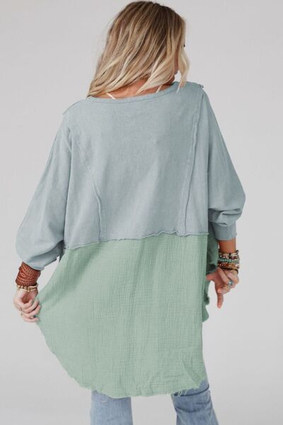 Hailey Contrast Texture Round Neck Long Sleeve Blouse - Mighty Lifestyle