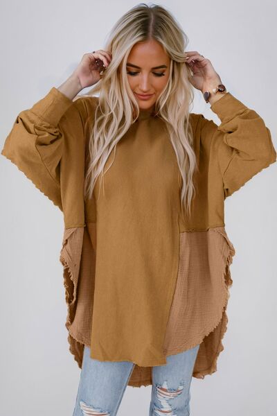 Hailey Contrast Texture Round Neck Long Sleeve Blouse - Mighty Lifestyle