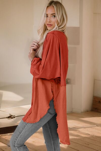 Hailey Contrast Texture Round Neck Long Sleeve Blouse - Mighty Lifestyle