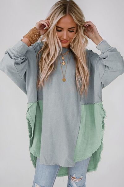 Hailey Contrast Texture Round Neck Long Sleeve Blouse - Mighty Lifestyle