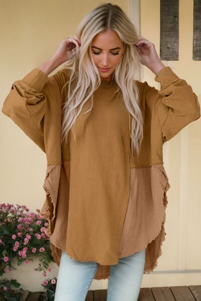 Hailey Contrast Texture Round Neck Long Sleeve Blouse - Mighty Lifestyle