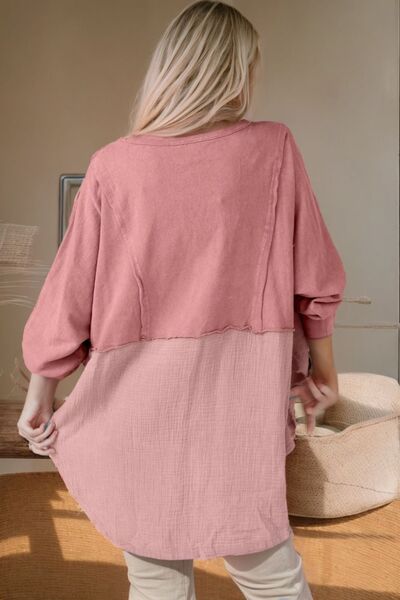 Hailey Contrast Texture Round Neck Long Sleeve Blouse - Mighty Lifestyle