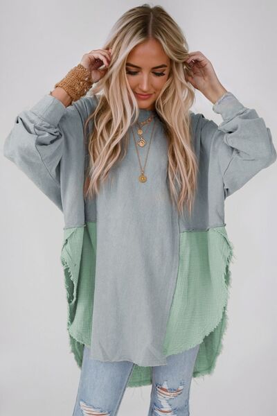 Hailey Contrast Texture Round Neck Long Sleeve Blouse - Mighty Lifestyle