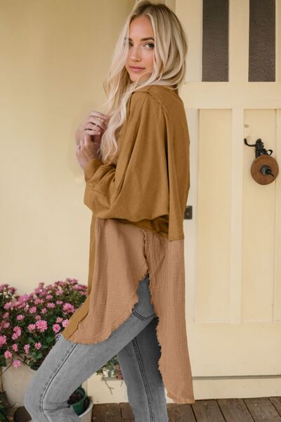Hailey Contrast Texture Round Neck Long Sleeve Blouse - Mighty Lifestyle