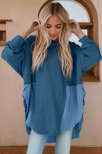 Hailey Contrast Texture Round Neck Long Sleeve Blouse - Mighty Lifestyle