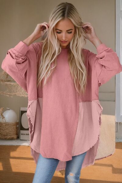 Hailey Contrast Texture Round Neck Long Sleeve Blouse - Mighty Lifestyle