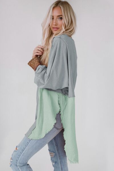 Hailey Contrast Texture Round Neck Long Sleeve Blouse - Mighty Lifestyle