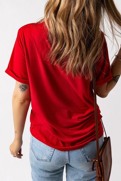 Heart Neck Short Sleeve Tee, Women's Heart Neck T-Shirt, Round Neck Heart Print Top, Casual Heart Neck Tee, Stretchy Heart Neck Shirt, Opaque Heart Neck T-Shirt, Polyester Heart Print Tee, Comfortable Heart Neck Top, Machine Washable Heart Tee - Mighty Lifestyle