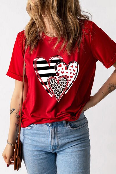 Heart Neck Short Sleeve Tee, Women's Heart Neck T-Shirt, Round Neck Heart Print Top, Casual Heart Neck Tee, Stretchy Heart Neck Shirt, Opaque Heart Neck T-Shirt, Polyester Heart Print Tee, Comfortable Heart Neck Top, Machine Washable Heart Tee - Mighty Lifestyle