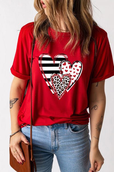 Heart Neck Short Sleeve Tee, Women's Heart Neck T-Shirt, Round Neck Heart Print Top, Casual Heart Neck Tee, Stretchy Heart Neck Shirt, Opaque Heart Neck T-Shirt, Polyester Heart Print Tee, Comfortable Heart Neck Top, Machine Washable Heart Tee - Mighty Lifestyle