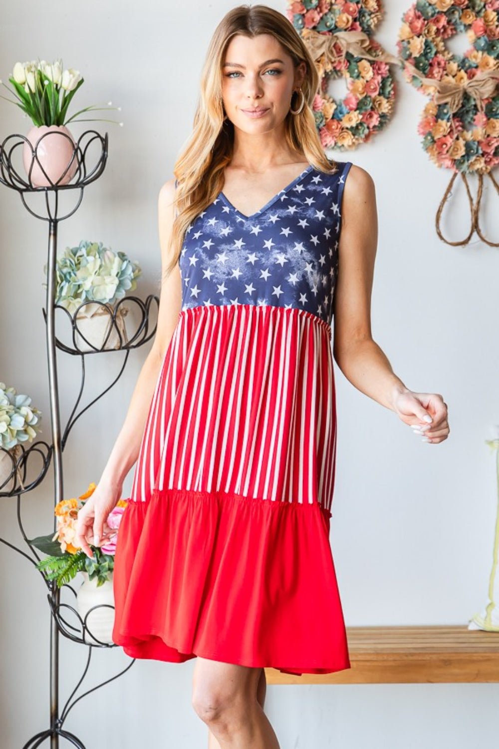 Heimish Full Size US Flag Theme Contrast Tank Dress | American Dress - Mighty Lifestyle