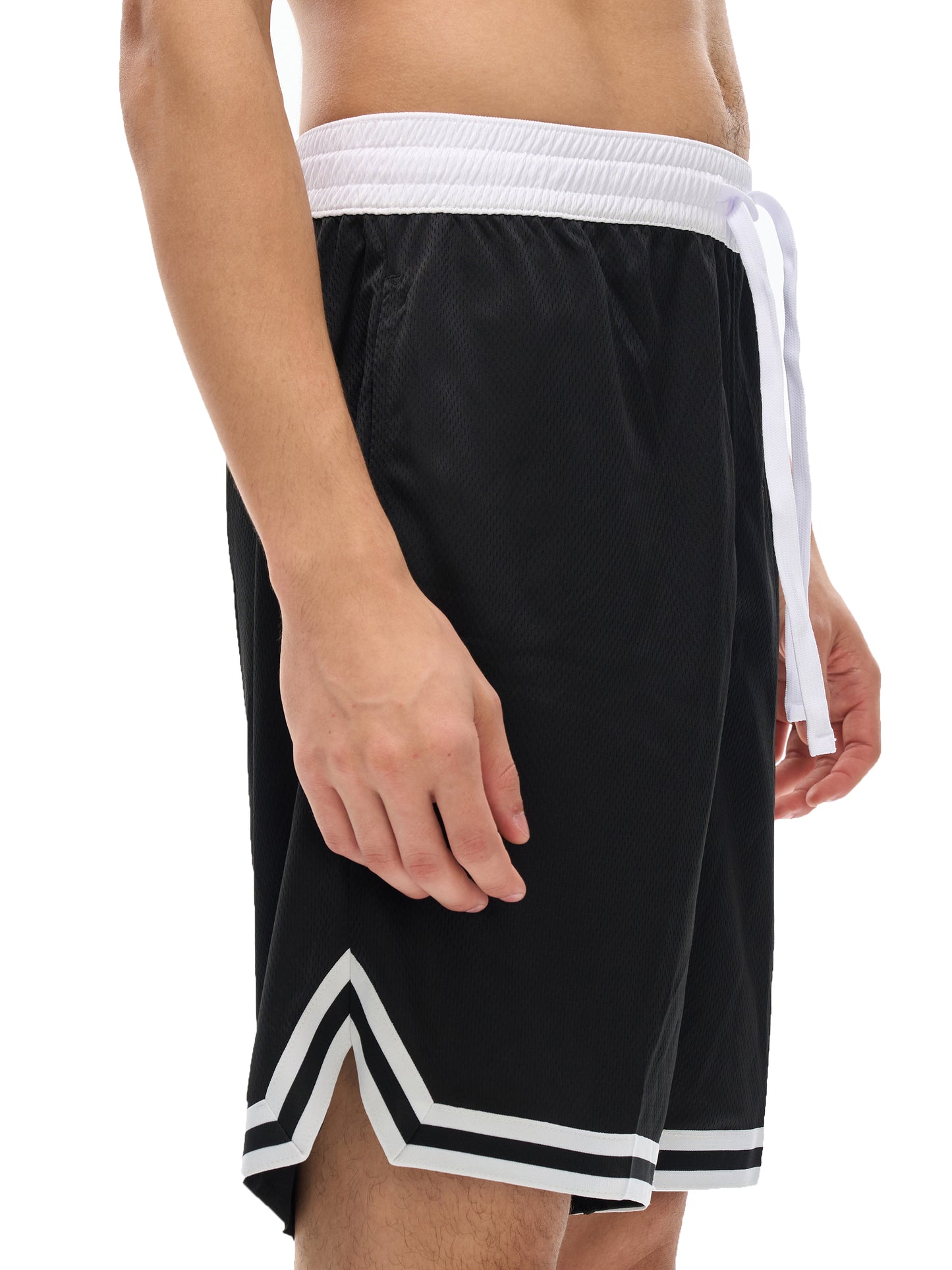 Less Talk More Action Classic Stripe Trim Basketball Shorts, Less talk more action shorts, motivational basketball shorts, stripe trim basketball shorts, mens basketball shorts, black basketball shorts, gym shorts men, workout shorts men, breathable sport