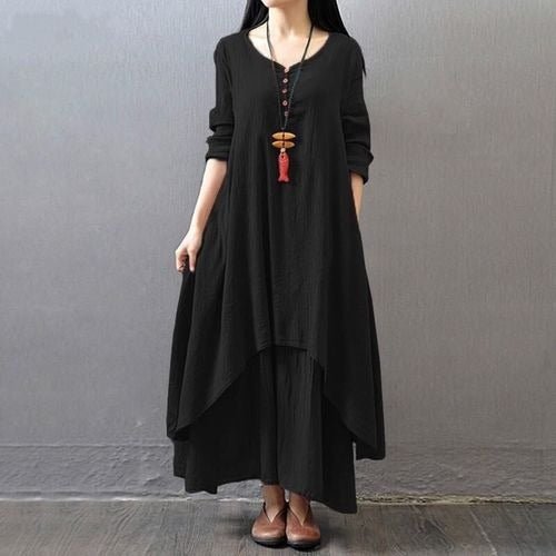 Juelz Faux two - piece long skirt | large hem linen dress loose long sleeved cotton linen skirt, Faux Two - Piece Long Skirt, Large Hem Linen Dress, Loose Long - Sleeved Cotton Linen Skirt, Trendy Two - Piece Look Linen Dress, Casual Cotton Linen Maxi Skirt. - Mighty Lifestyle
